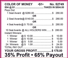 Load image into Gallery viewer, $1 Novelty Pull Tabs - Color of Money/ All Holders Win Seal Game/ $1@504ct