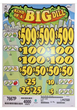 Load image into Gallery viewer, Pull tab ticket with green and yellow design featuring numbers and prize amounts.