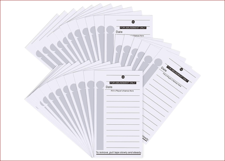 29 Scratch off strip cards laid out on white background